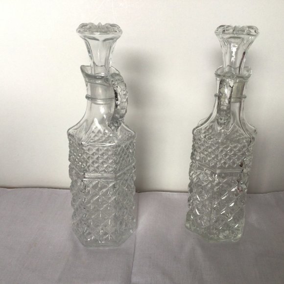 2 vintage bottle decanter clear glass lidded handled hexagonal diamond flower - Picture 3 of 7